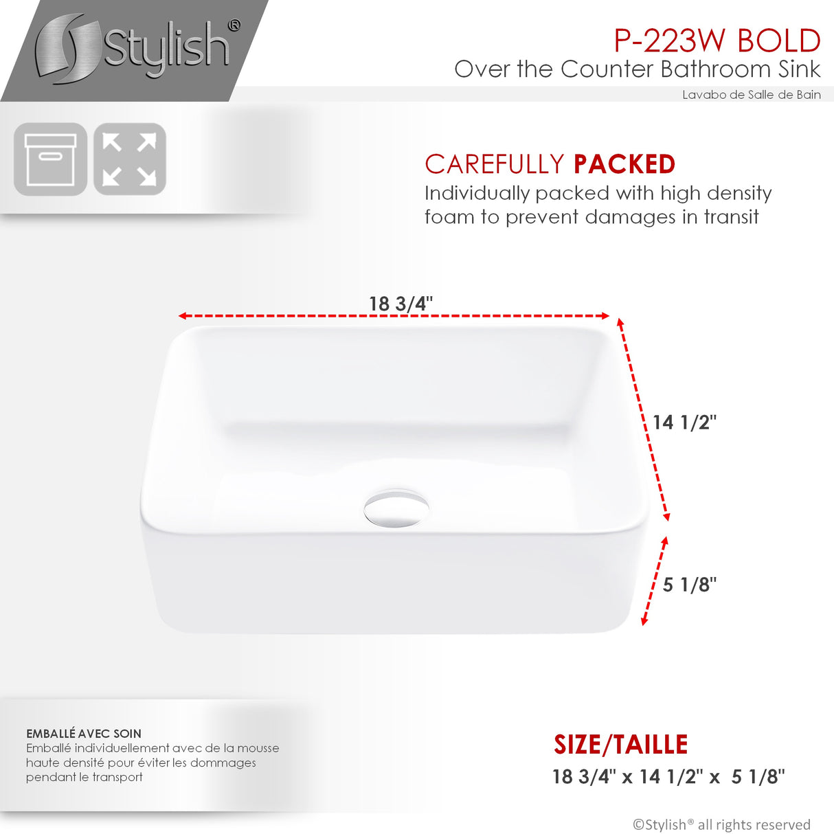 STYLISH 18 inch Rectangular Vessel Bathroom Sink