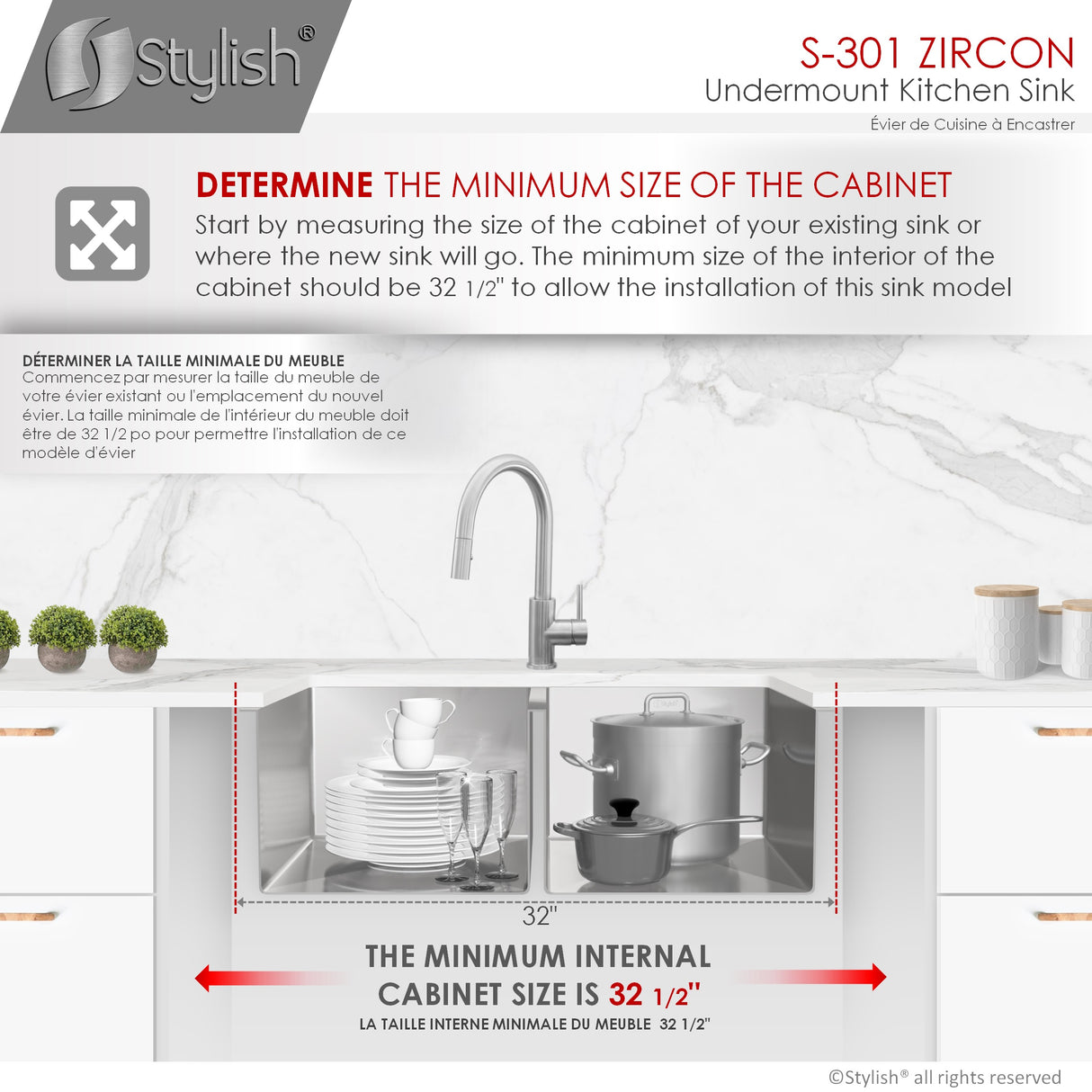 STYLISH 32 inch Double Bowl Undermount Stainless Steel Kitchen Sink