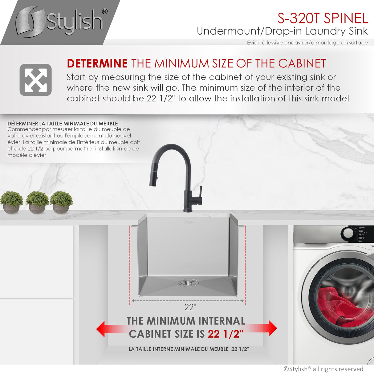 STYLISH 22 x 18 inch Single Bowl Undermount and Drop-in Stainless Steel Laundry Sink