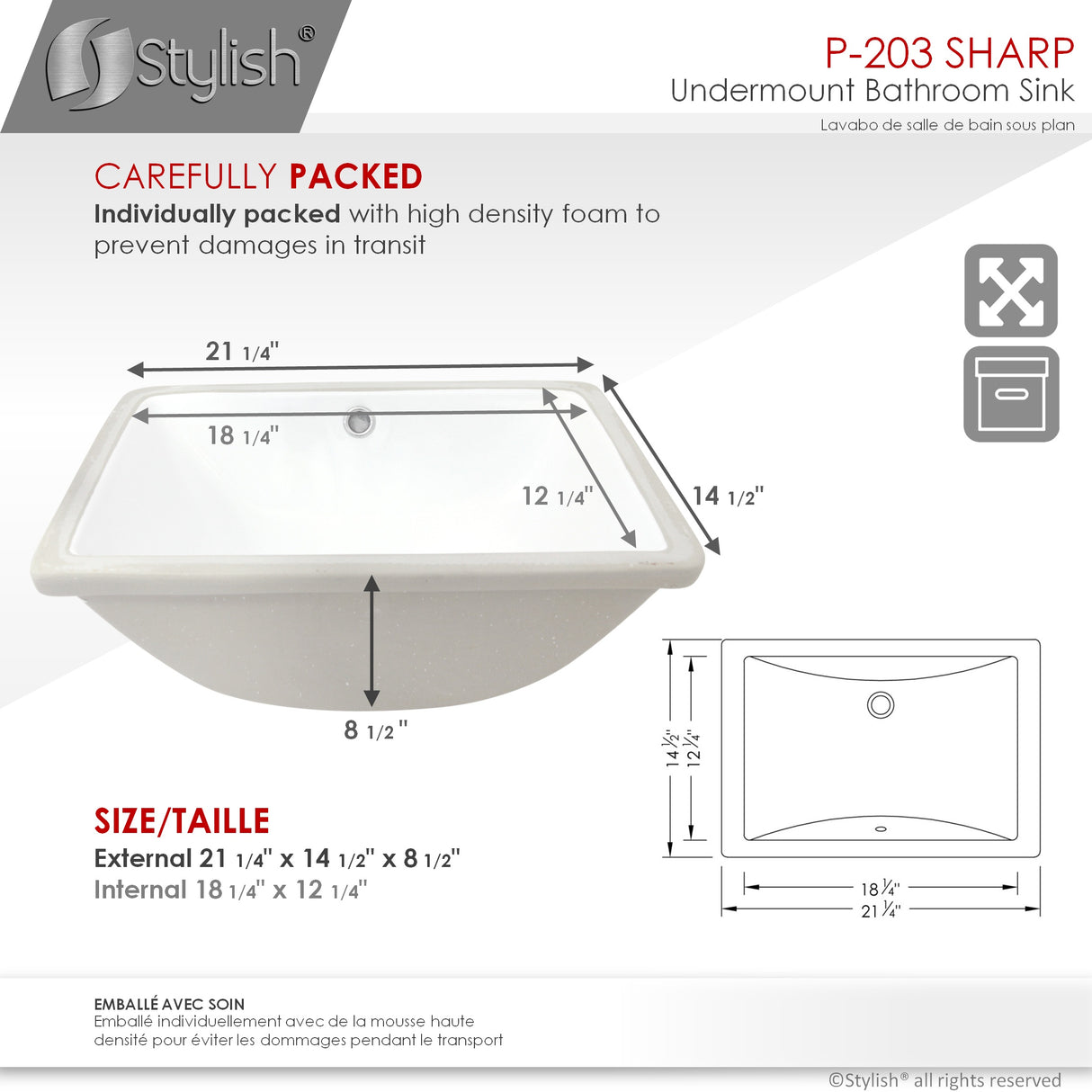 STYLISH 21 inch Rectangular Undermount Bathroom Sink with Overflow Polished Chrome