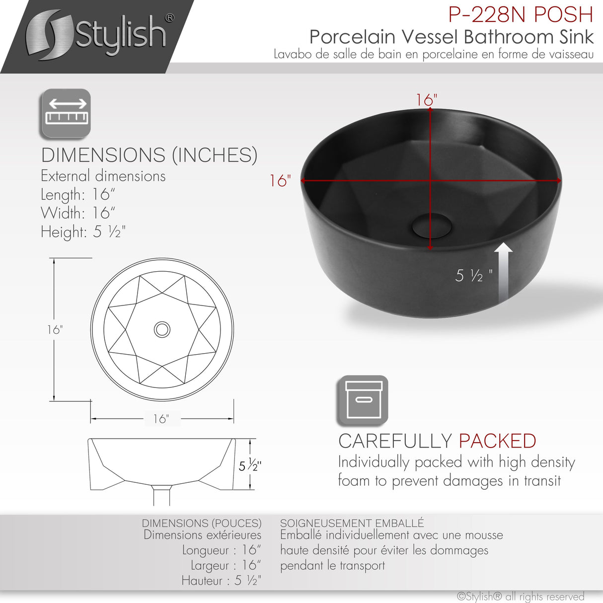 STYLISH 16 inch Round Ceramic Vessel Bathroom Sink