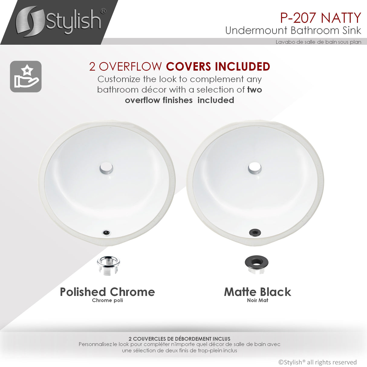 STYLISH 16 inch Round Undermount Ceramic Bathroom Sink with 2 Overflow Finishes