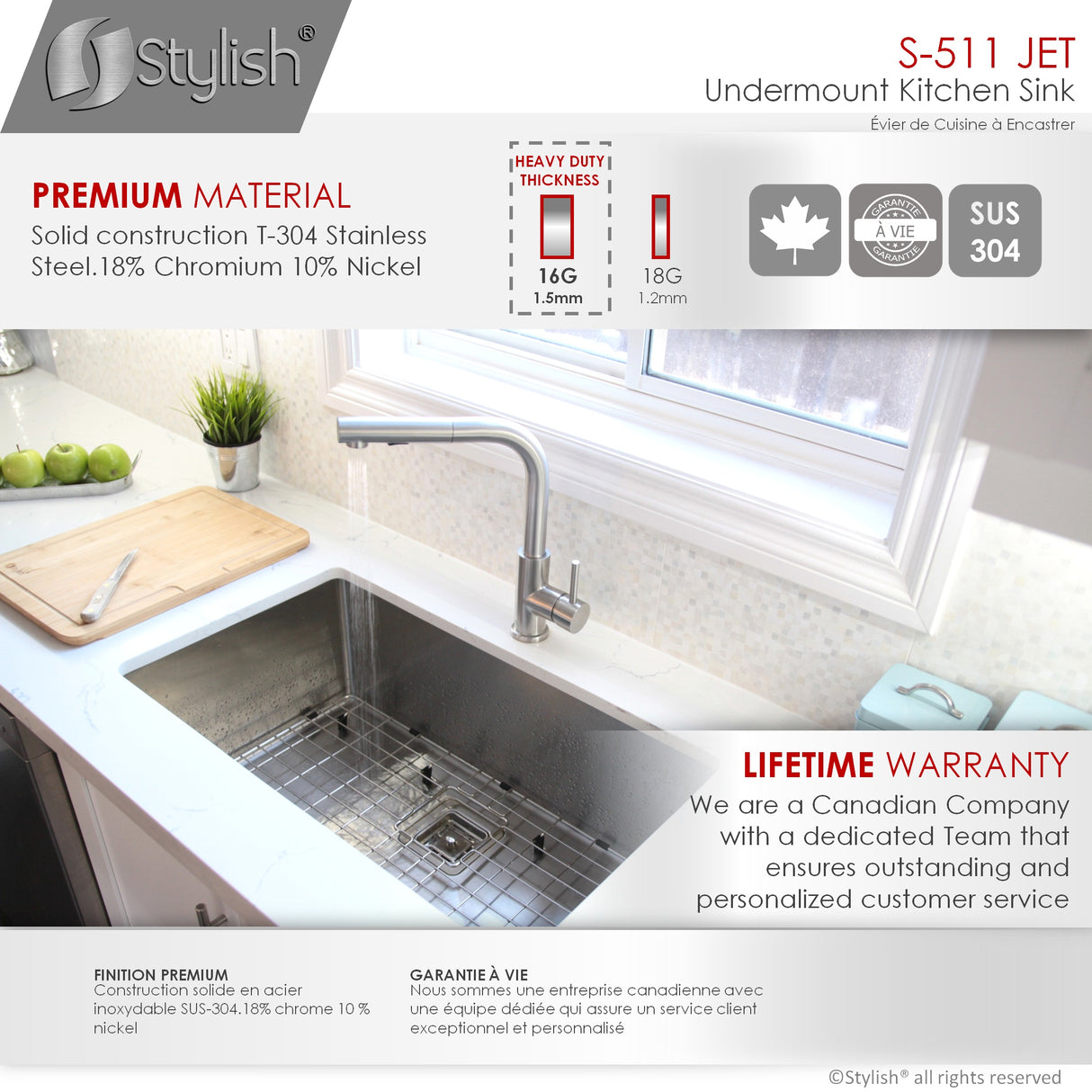 STYLISH 30 inch Single Bowl Stainless Steel Kitchen Sink with Square Strainer