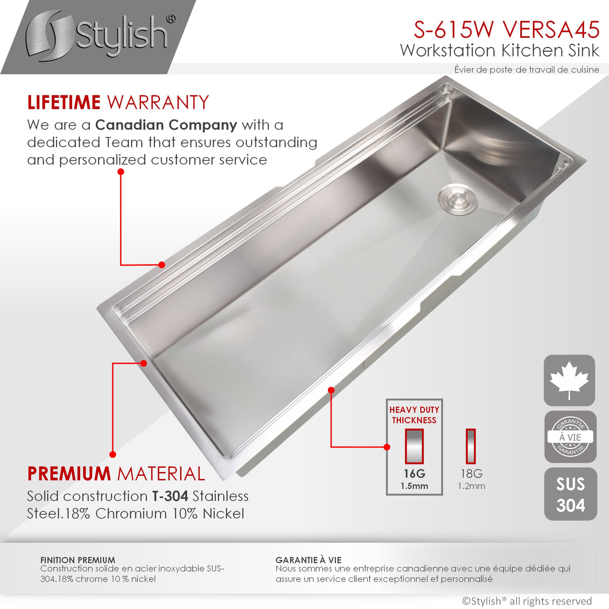 STYLISH 45 inch Ledge Workstation Single Bowl Undermount 16 Gauge Stainless Steel Kitchen Sink with Built in Accessories