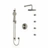Type T/P (thermostatic/pressure balance) double coaxial system with hand shower rail, 4 body jets and shower head
