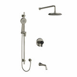 Type T/P (thermostatic/pressure balance) " coaxial 3-way system with hand shower rail, shower head and spout