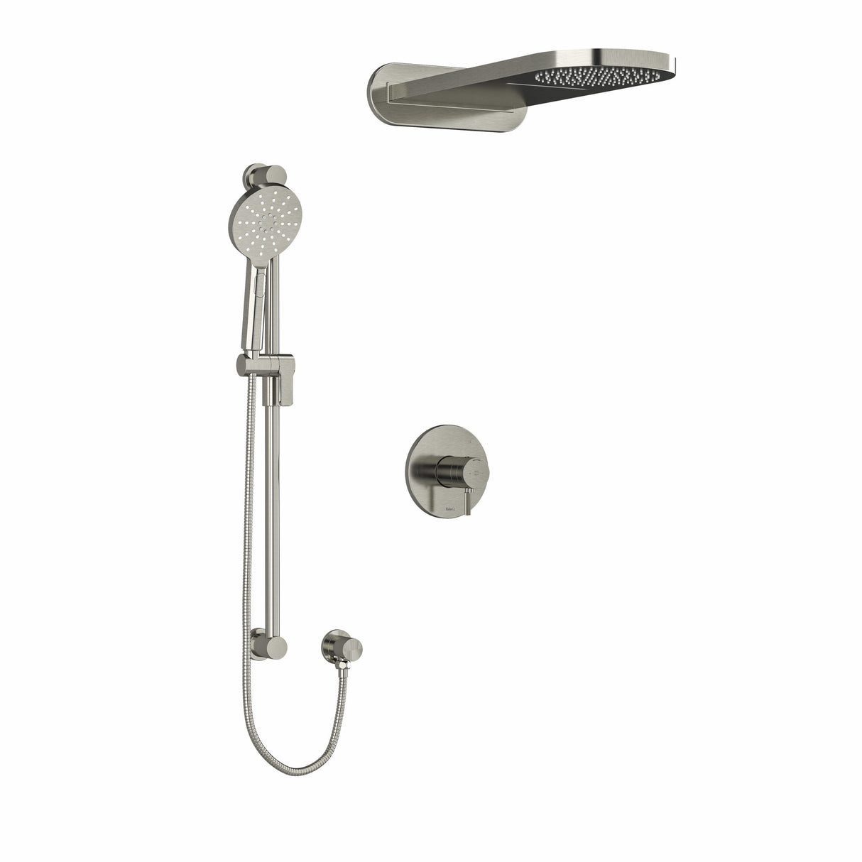 Type T/P (thermostatic/pressure balance) " coaxial 3-way system with hand shower rail and rain and cascade shower head