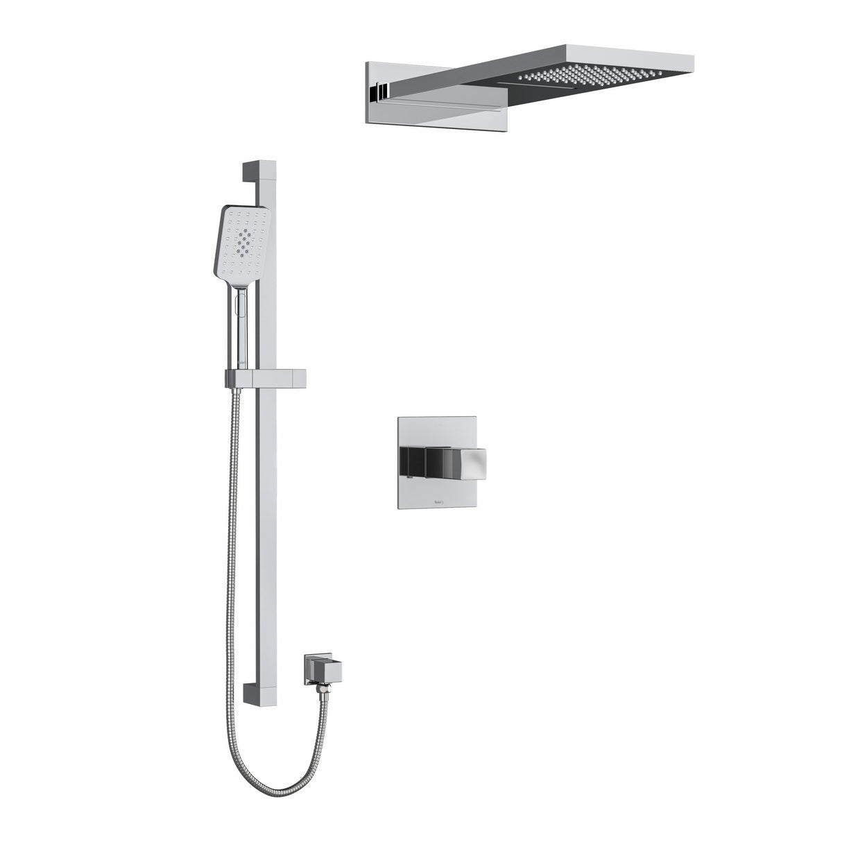 Type T/P (thermostatic/pressure balance) " coaxial 3-way system with hand shower rail and rain and cascade shower head