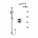 Type T/P (thermostatic/pressure balance) double coaxial system with hand shower rail, 4 body jets and shower head