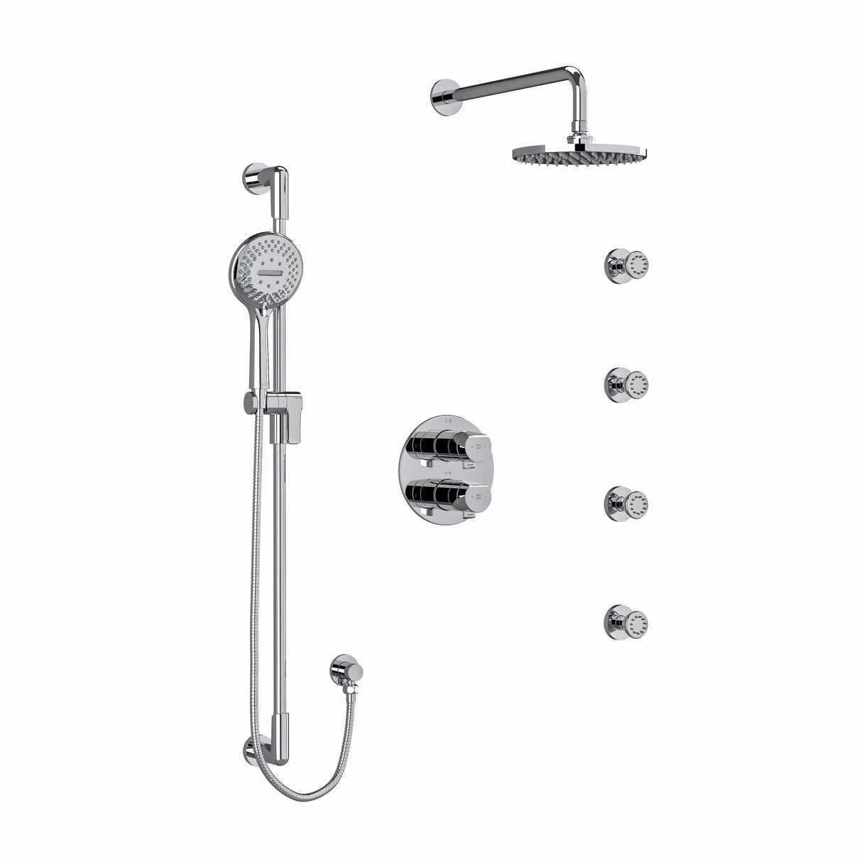 Type T/P (thermostatic/pressure balance) double coaxial system with hand shower rail, 4 body jets and shower head