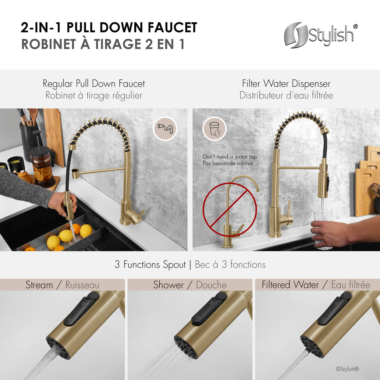 Milano Pull-Down Kitchen Faucet with water filter. Stainless Steel Gold