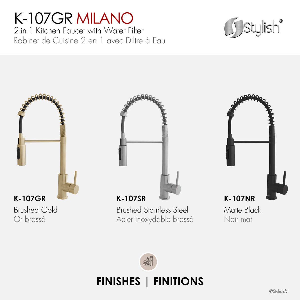 Milano Pull-Down Kitchen Faucet with water filter. Stainless Steel Gold