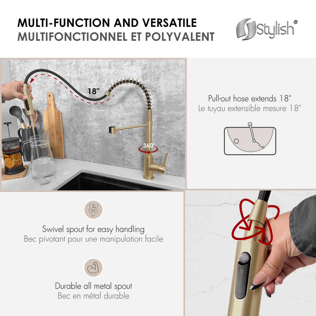 Milano Pull-Down Kitchen Faucet with water filter. Stainless Steel Gold