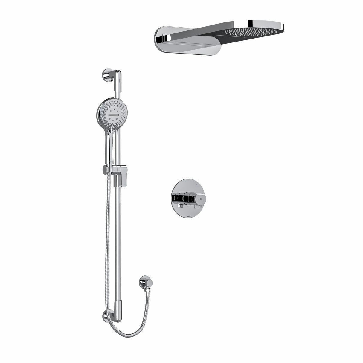 Type T/P (thermostatic/pressure balance) " coaxial 3-way system with hand shower rail and rain and cascade shower head