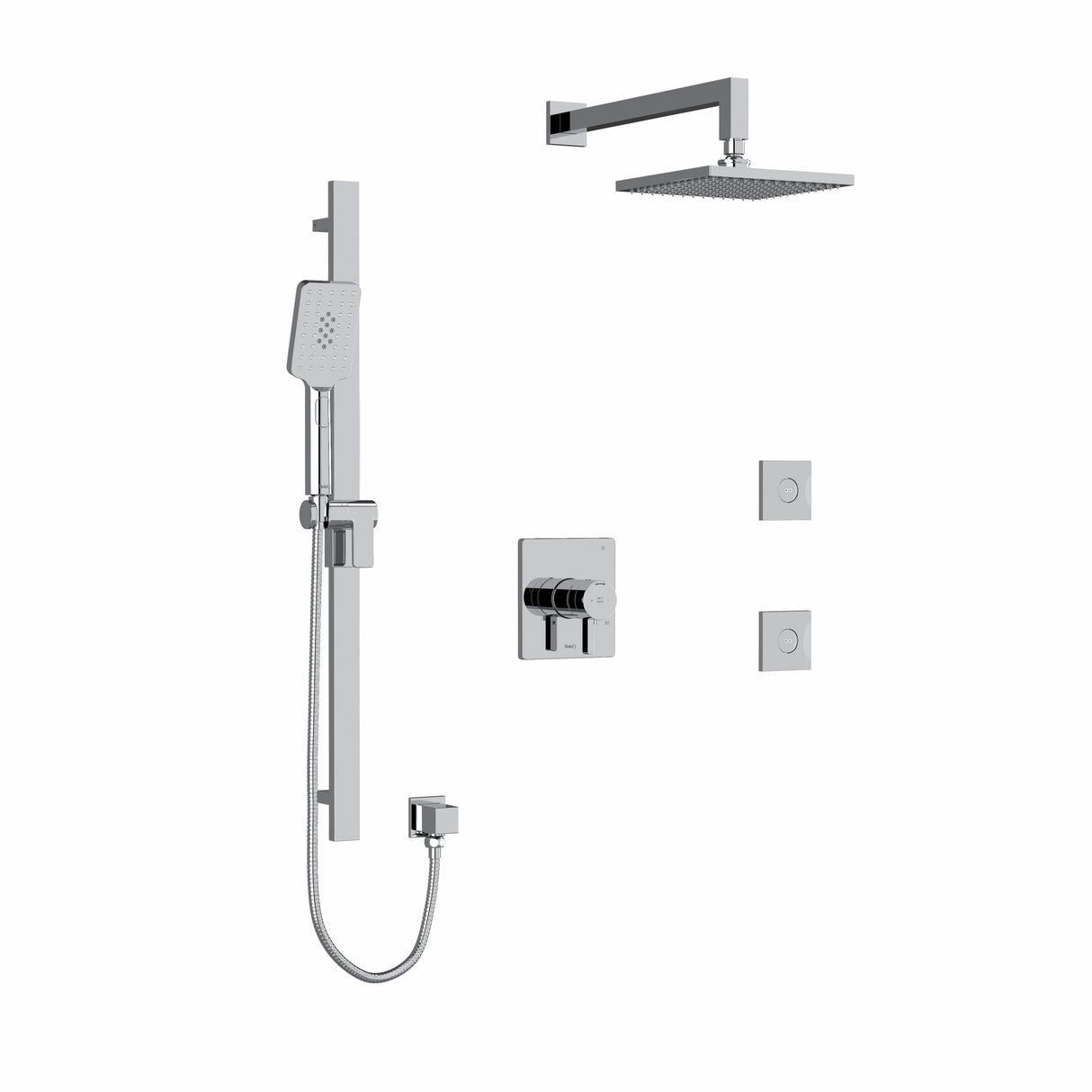 Type T/P (thermostatic/pressure balance) coaxial 3-way system, hand shower rail, elbow supply, shower head and 2 body jets