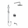 Type T/P (thermostatic/pressure balance) " coaxial 3-way system with hand shower rail, shower head and spout