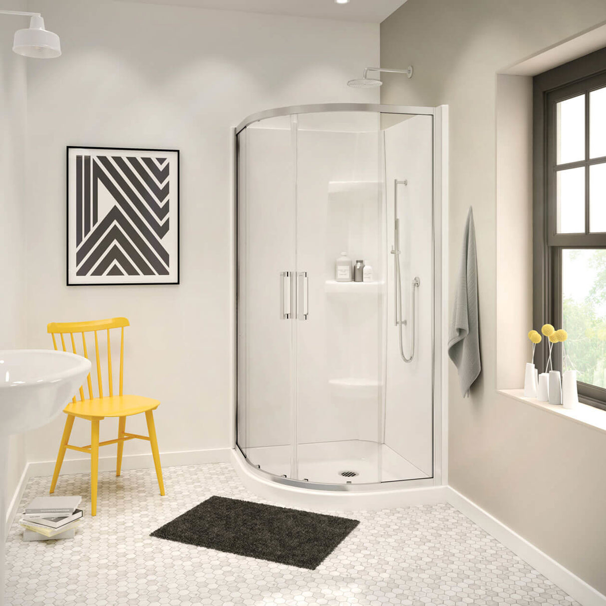 Neo-round Base 36 3 in. 36 x 36 Acrylic Corner Left or Right Shower Base with Corner Drain in White