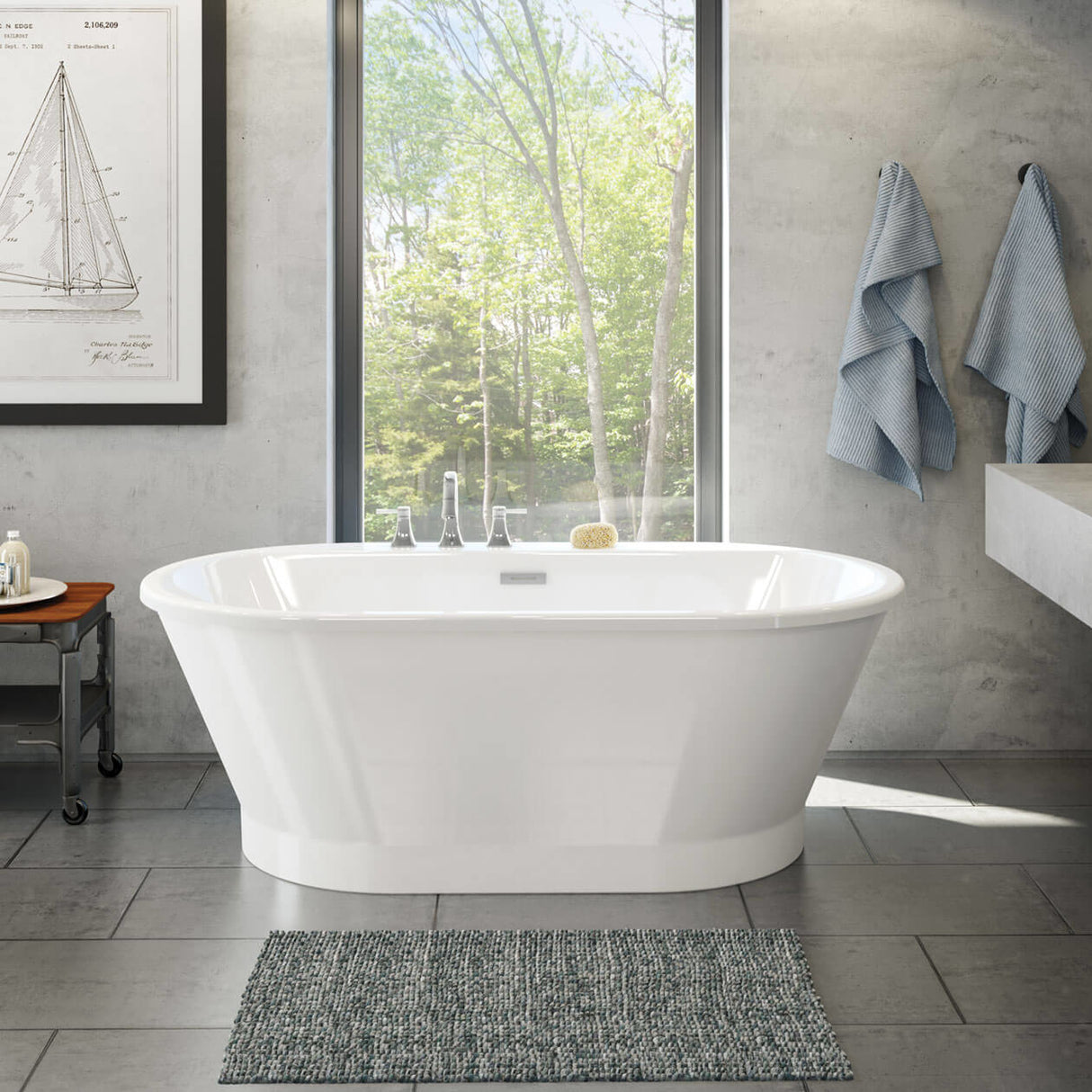 Brioso 6636 AcrylX Freestanding Center Drain Bathtub in White with White Skirt