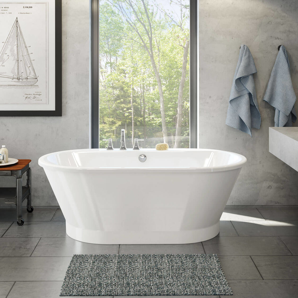 Brioso 6636 AcrylX Freestanding Center Drain Bathtub in White with White Skirt