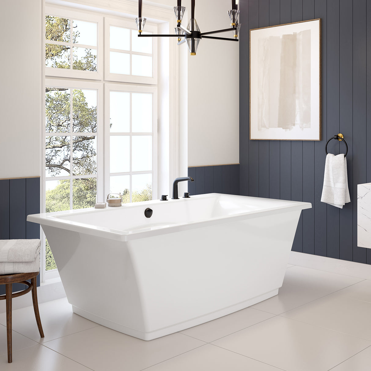 Optik 6636 F Acrylic Freestanding Center Drain Bathtub in White with White Skirt