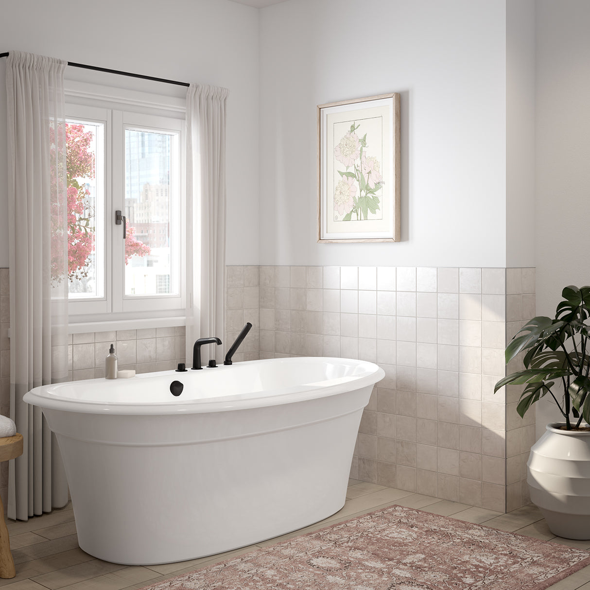 Ella Sleek 66 x 36 Acrylic Freestanding Center Drain Bathtub in White with White Skirt
