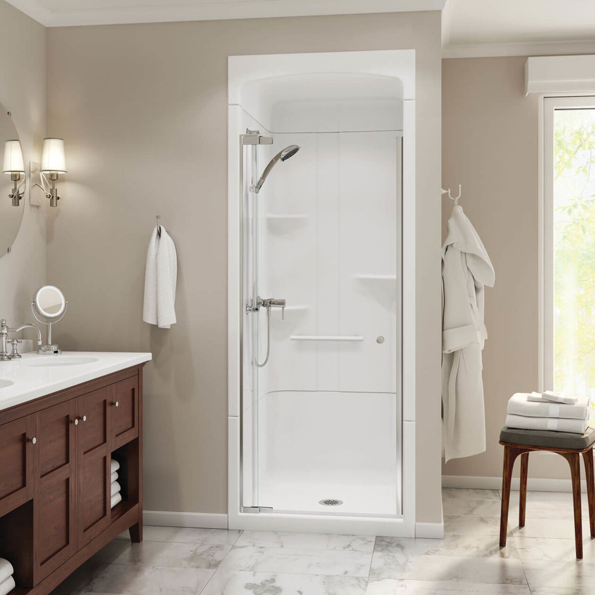 Camelia SHR-3636 Acrylic Alcove Center Drain Three-Piece Shower in White - No Seat