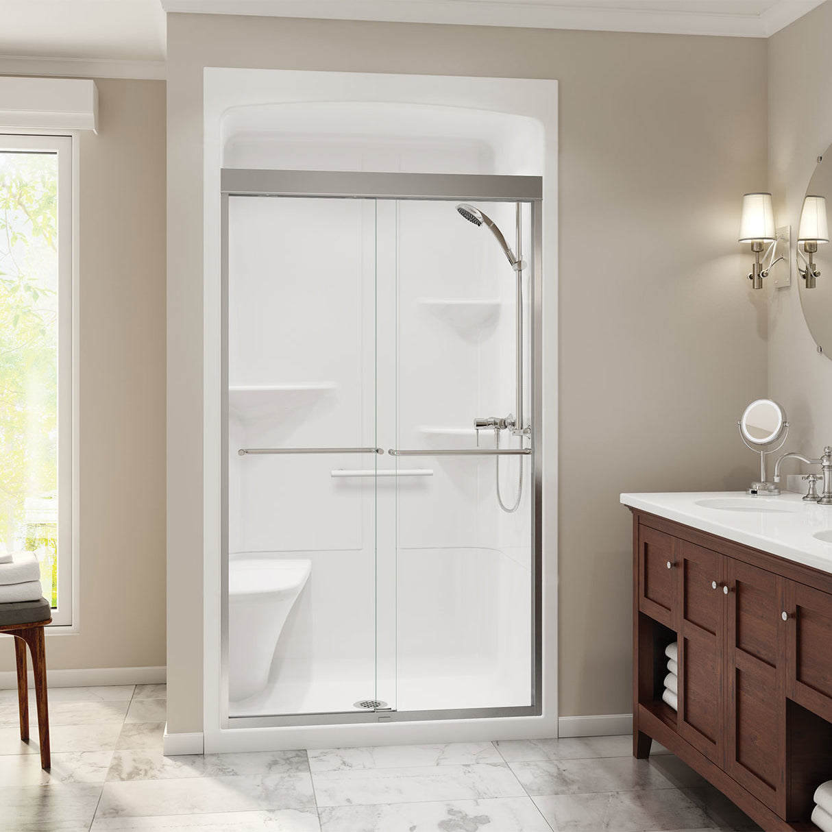 Camelia SHR-4834 Acrylic Alcove Center Drain One-Piece Shower in White