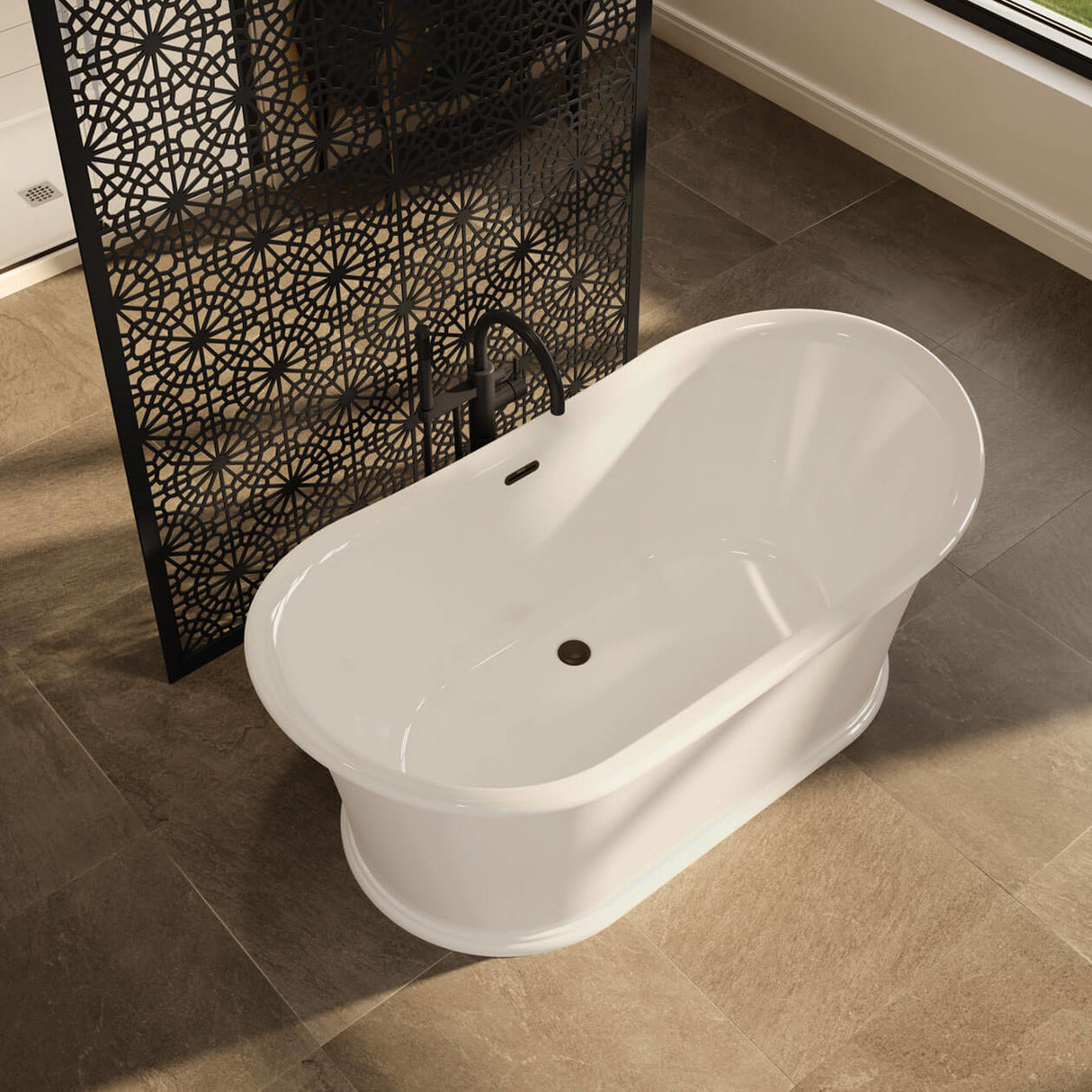 Elina 66 x 34 Acrylic Freestanding Center Drain Bathtub in White with White Skirt