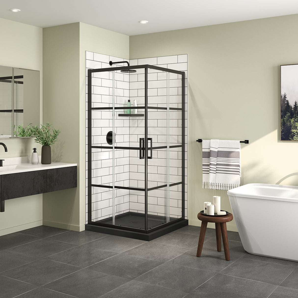 Scarlet 36 x 36 Acrylic Corner Drain Shower Kit in Black with Clear Glass in Chrome