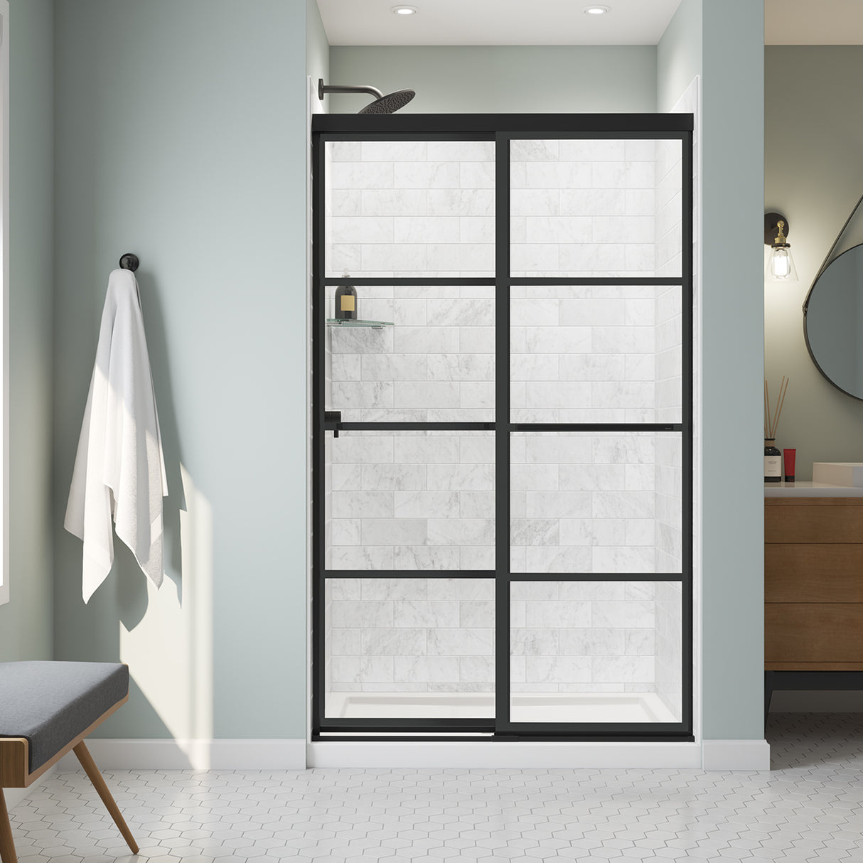 Incognito 76 Shaker 44-47 x 76 in. 8mm Bypass Shower Door for Alcove Installation with Shaker glass in Matte Black