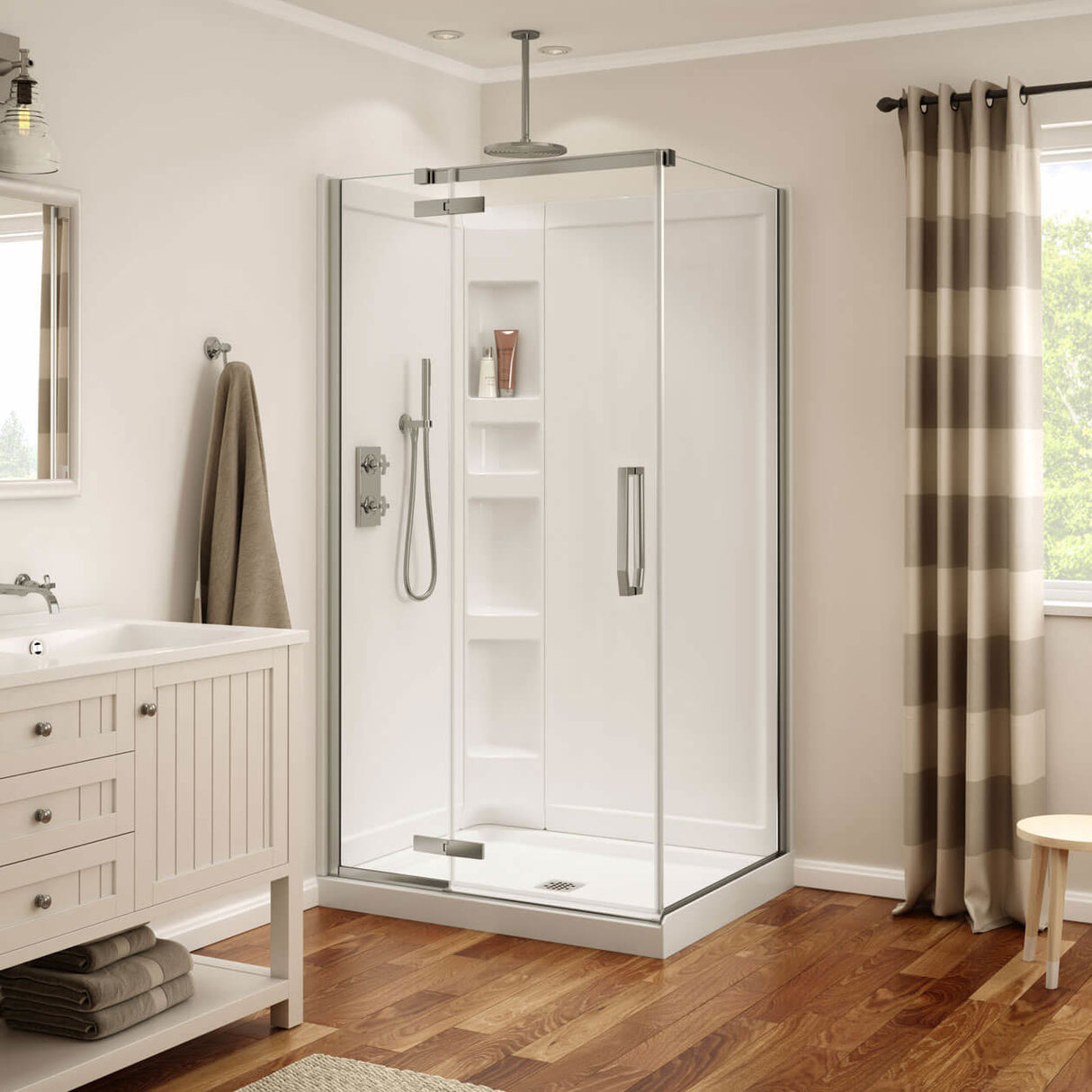 Davana Rectangular 42 x 34 x 75 in. 8mm Pivot Shower Door for Corner Installation with Clear glass in Chrome