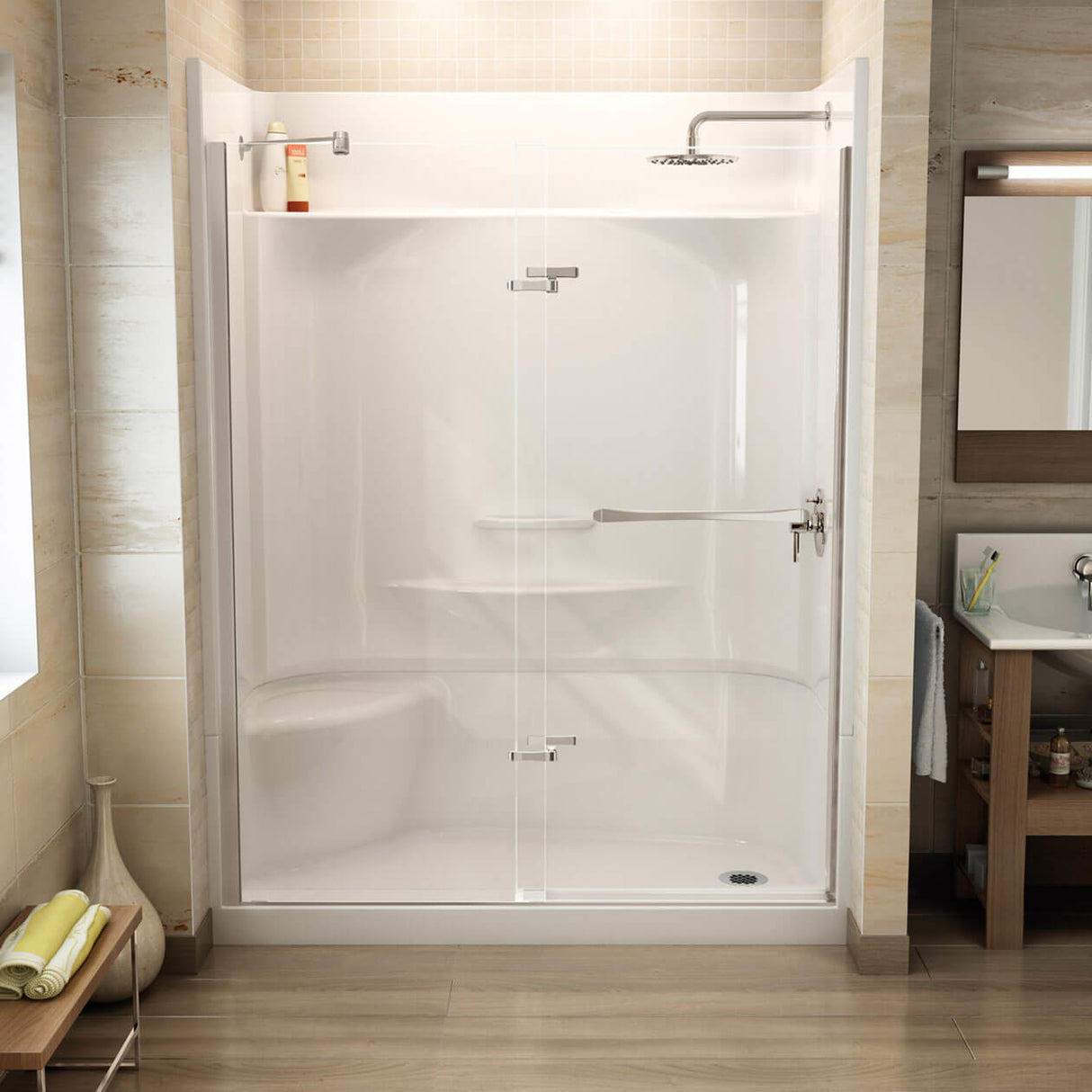 Essence SH-6030 AcrylX Alcove Center Drain Four-Piece Shower in White