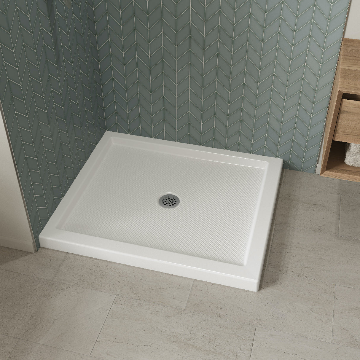 B3Round 4842 Acrylic Alcove Shower Base in White with Anti-slip Bottom with Center Drain