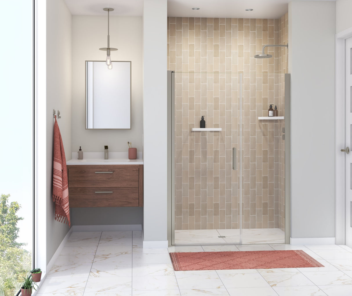 Manhattan 49-51 x 68 in. 6 mm Pivot Shower Door for Alcove Installation with Clear glass & Round Handle in Chrome