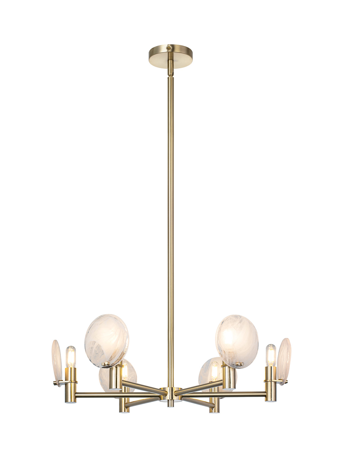 Matteo 6-light chandelier with swirl glass shades shown with full downrod and canopy