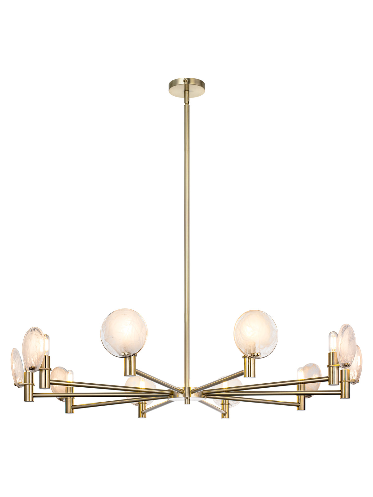 Matteo 10-light chandelier with swirl glass shades shown with full downrod and canopy