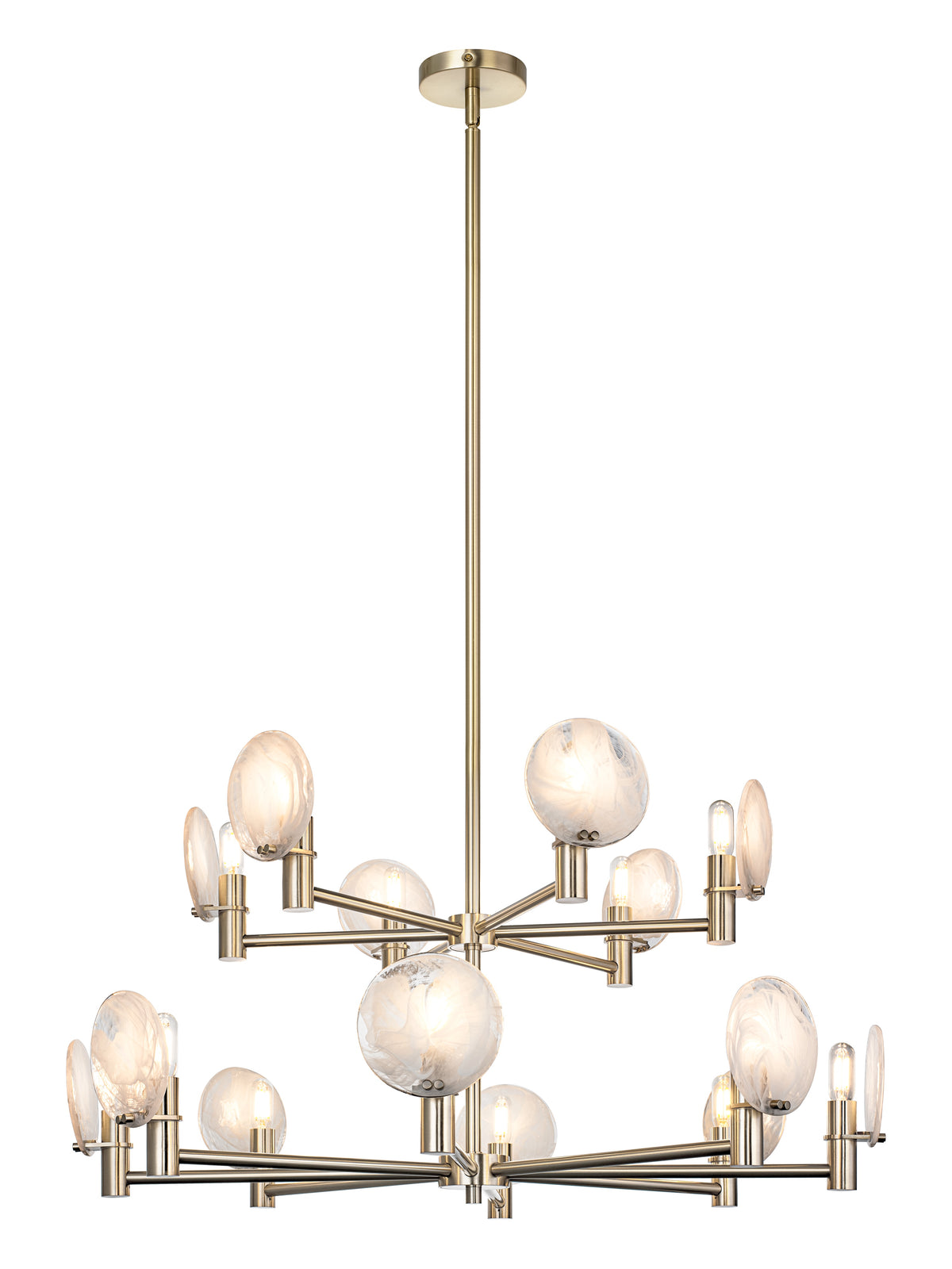 Matteo 14-light two-tier chandelier with swirl glass shades shown with full downrod and canopy