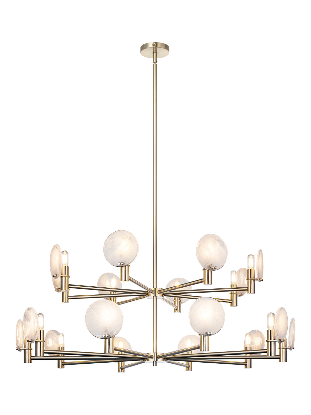 Matteo 18-light two-tier chandelier with swirl glass shades shown with full downrod and canopy