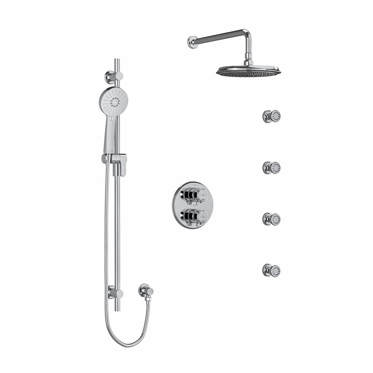 Type T/P (thermostatic/pressure balance) double coaxial system with hand shower rail, 4 body jets and shower head
