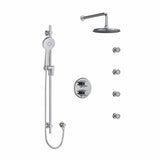 Type T/P (thermostatic/pressure balance) double coaxial system with hand shower rail, 4 body jets and shower head