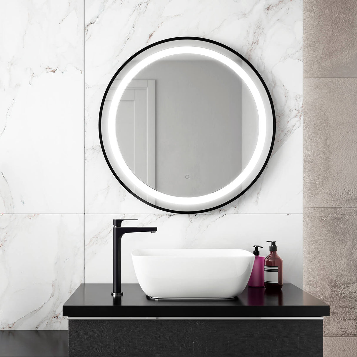 EFFECT LED Illuminated Round Mirror with Frosted Strip, Black Frame and Touch-Switch for Color Temperature Control 30 x 15/8
