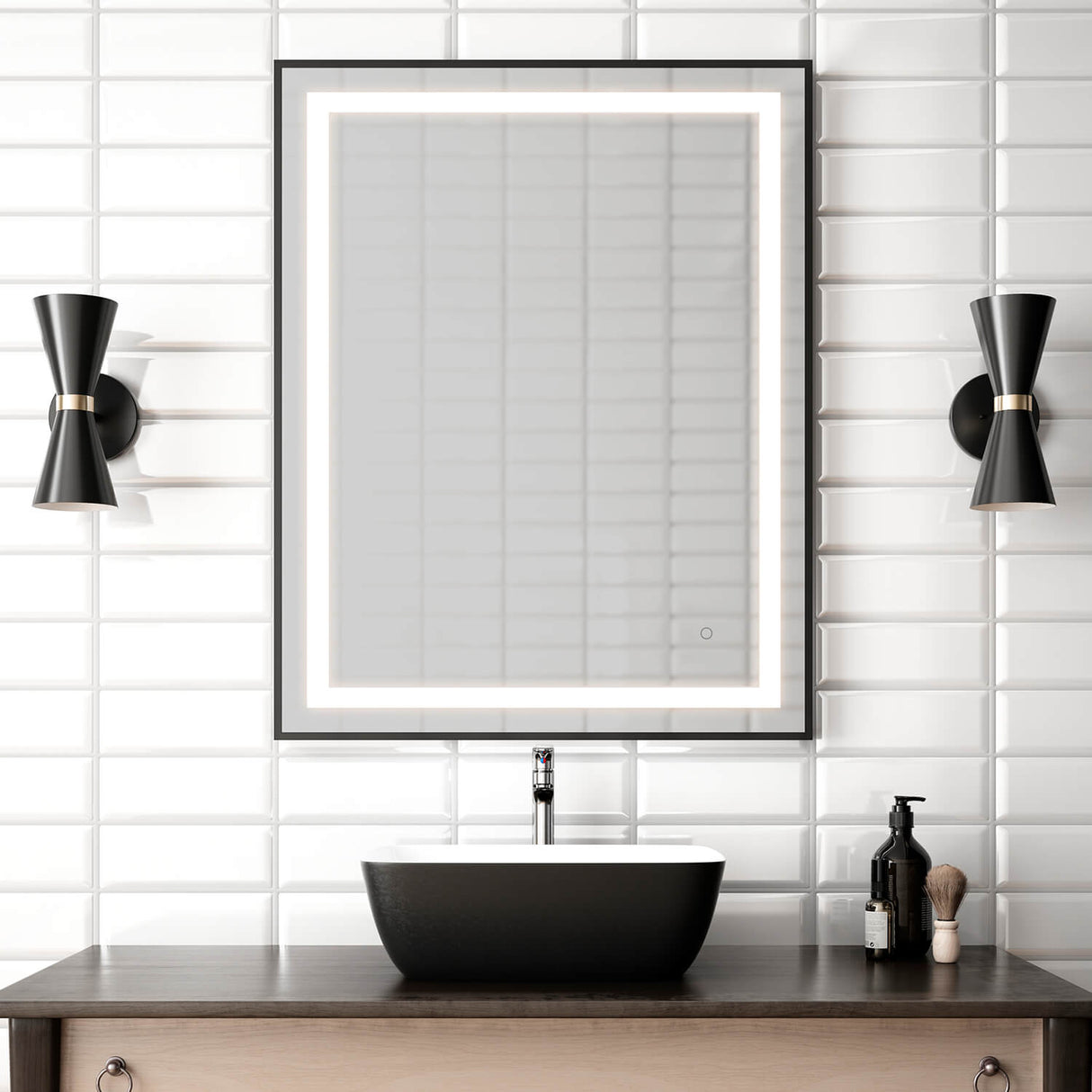 EFFECT LED Illuminated Rectangular Mirror with Frosted Strip, Black Frame and Touch-Switch for Color Temperature Control 30 x 38 x 15/8