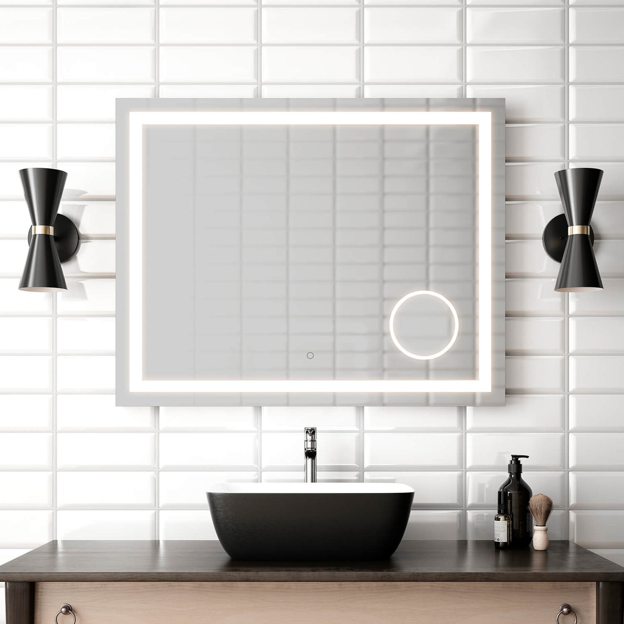 EFFECT LED Illuminated Rectangular Mirror with Frosted Strip, Illuminated Magnifying Mirror (3X) and Touch-Switch for Color Temperature Control 30 x 38 x 13/4