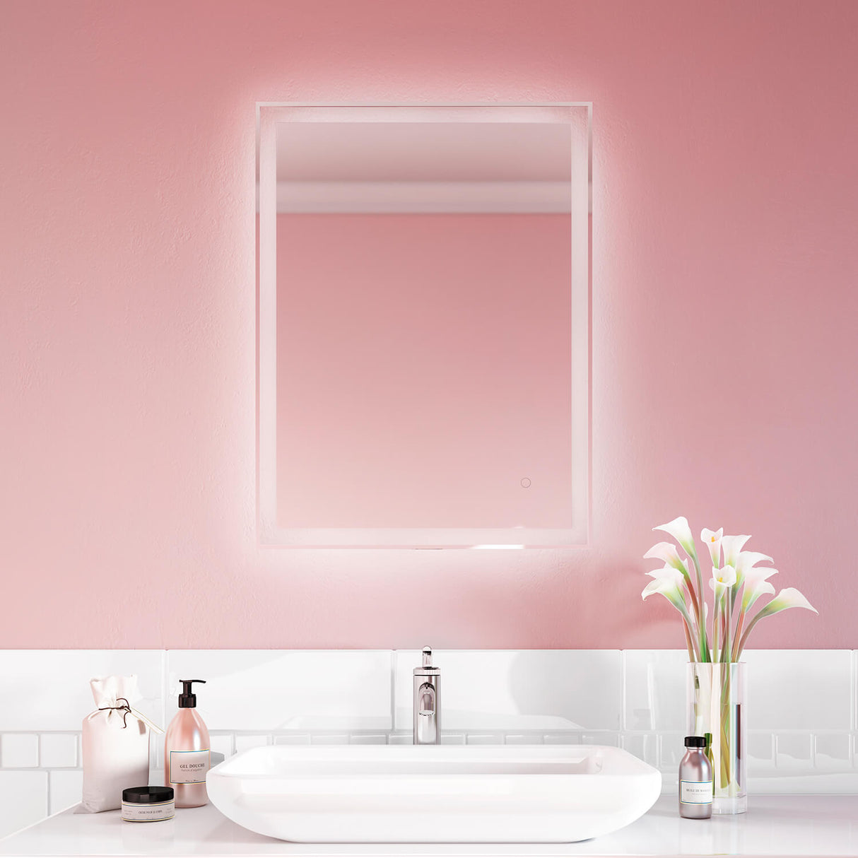 CELESTIA Indirect LED Illuminated Rectangular Mirror with Clear Glass Strip and Touch-Switch for Color Temperature Control 24 x 32 x 13/4