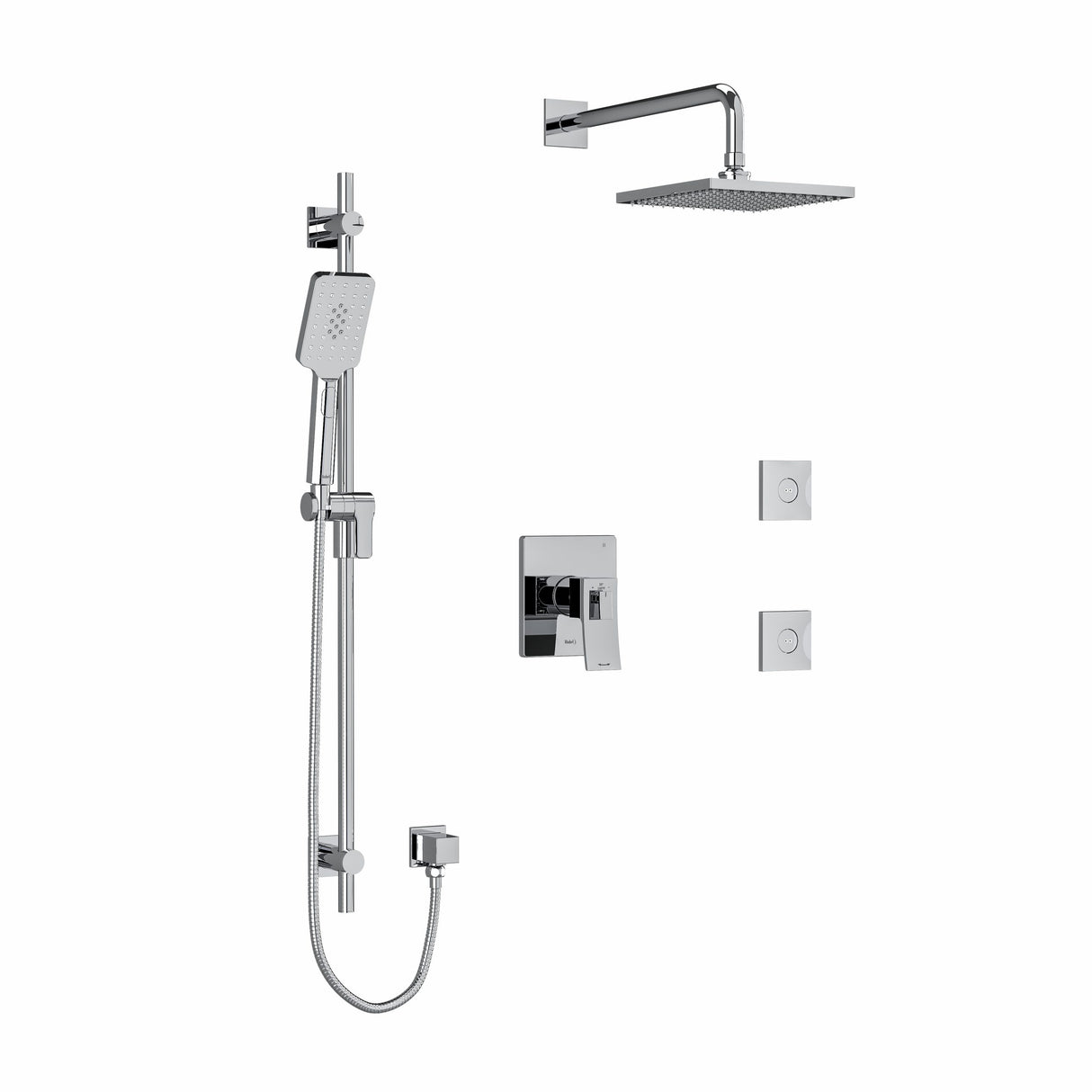 Type T/P (thermostatic/pressure balance) " coaxial 3-way system, hand shower rail, elbow supply, shower head and 2 body jets