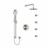 Type T/P (thermostatic/pressure balance) double coaxial system with hand shower rail, 4 body jets and shower head