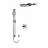 Type T/P (thermostatic/pressure balance) ½" coaxial 3-way system with hand shower rail and rain and cascade shower head