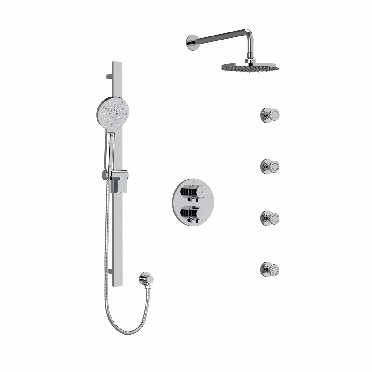 Type T/P (thermostatic/pressure balance) double coaxial system with hand shower rail, 4 body jets and shower head