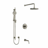 Type T/P (thermostatic/pressure balance) " coaxial 3-way system with hand shower rail, shower head and spout
