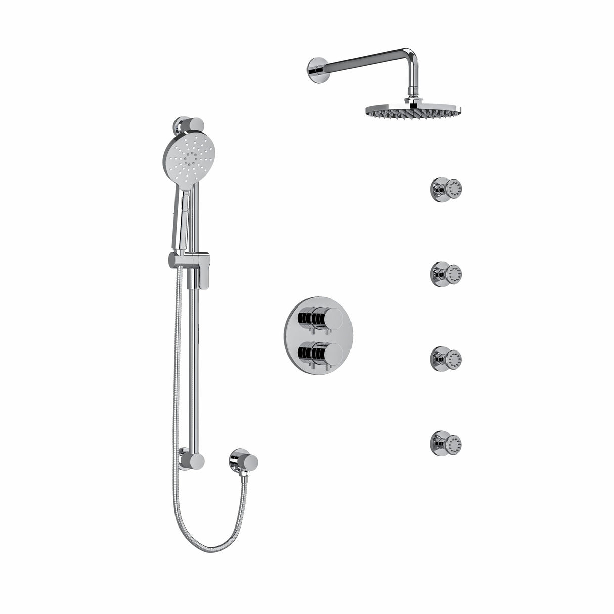 Type T/P (thermostatic/pressure balance) double coaxial system with hand shower rail, 4 body jets and shower head